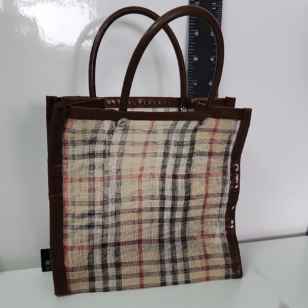 Plaid Mini Tote Bag with Brown Trim
